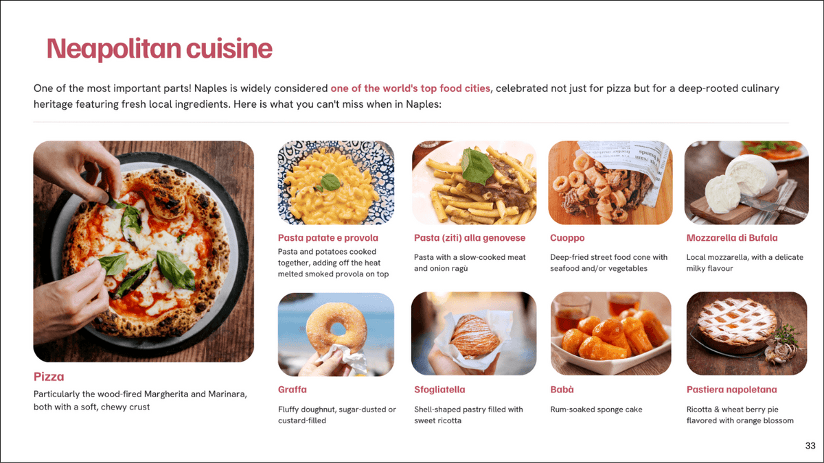 Page extract about the Neapolitan cuisine from the eatinero Naples guide, showing the typical dishes from Naples, amongst others pizza, pasta patate e provola, cuoppo, graffa, sfogliatella, babà.