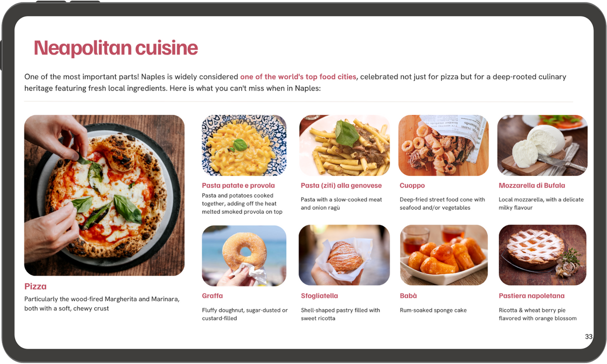 Page extract about the Neapolitan cuisine from the eatinero Naples guide, showing the typical dishes from Naples, amongst others pizza, pasta patate e provola, cuoppo, graffa, sfogliatella, babà.