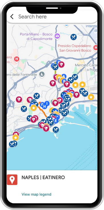 A smartphone screen showing a map application, Google Maps, with many colorful location pins clustered around Naples, with the text 'NAPLES | EATINERO' and a 'View map legend' button at the bottom.