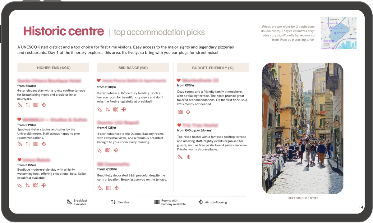Page extract with top accommodation picks from the eatinero Naples guide, showing the top selected stays in the historic centre area of Naples.
